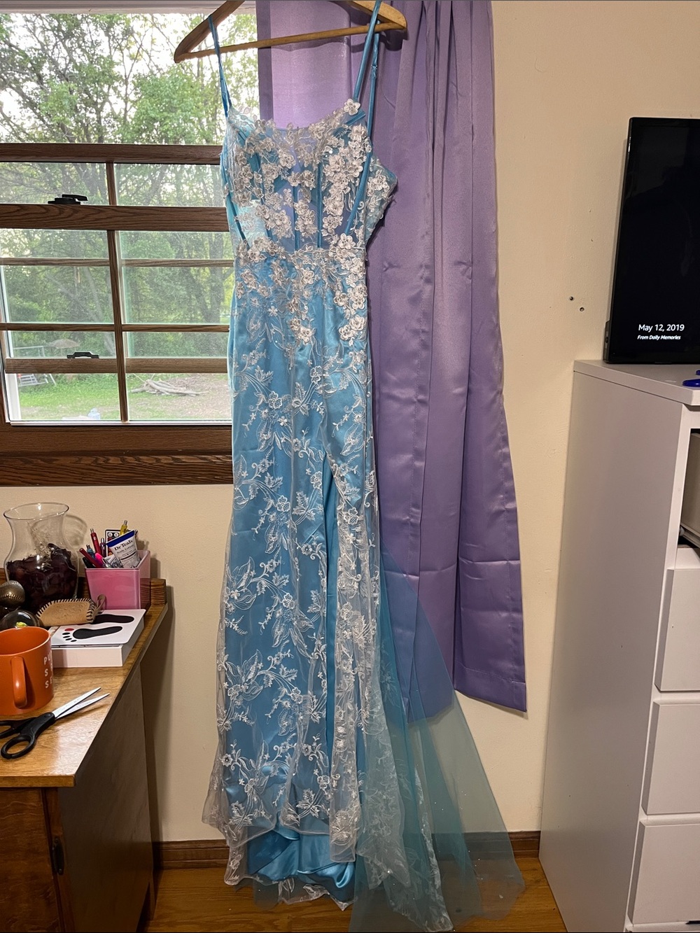 Sky Blue Lace Appliqué Prom Dress with Illusion Bodice